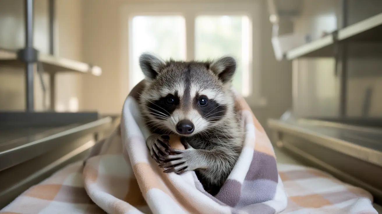 A raccoon, a deer, and a hybrid wolf at Wild Things Freedom Center wildlife sanctuary in North Carolina