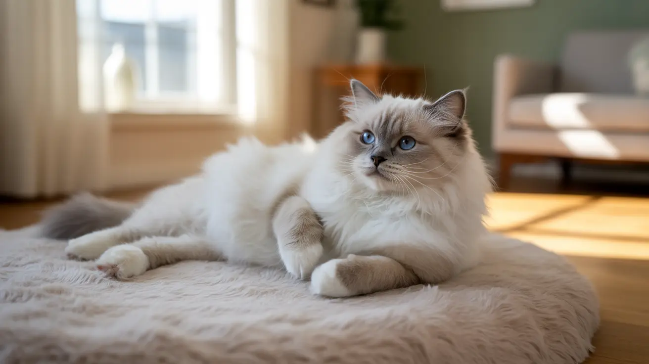 Un gato Ragdoll blanco y crema con ojos azules descansa serenamente en una suave cama para mascotas cerca de una ventana bañada por la luz del sol.