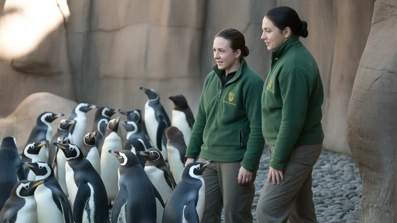 Dos cuidadoras de zoológico femeninas con uniformes verdes junto a un grupo grande de pingüinos blanco y negro en un recinto del zoológico